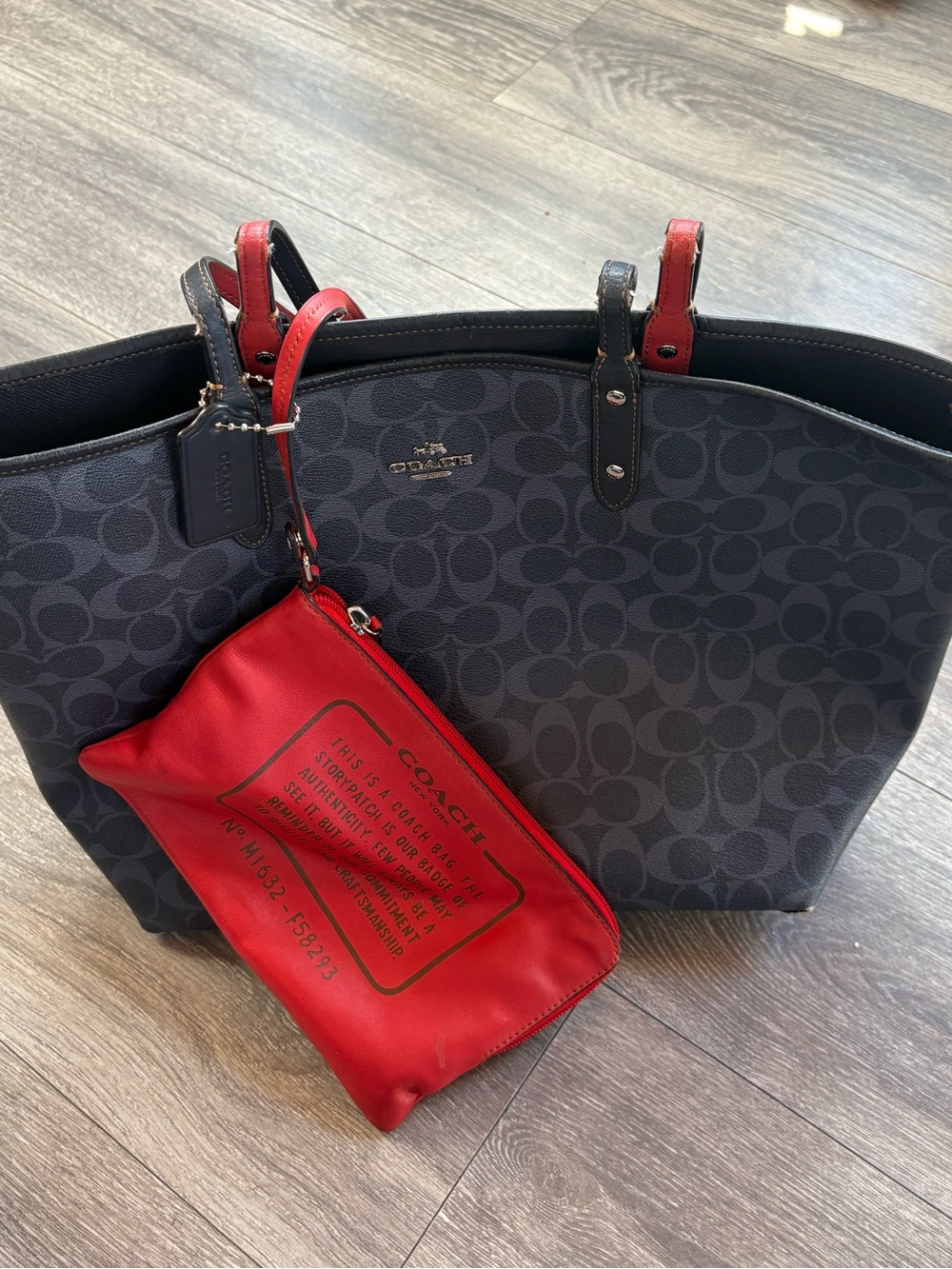 Coach Gray and red Canvas Tote with Red Pocketbook